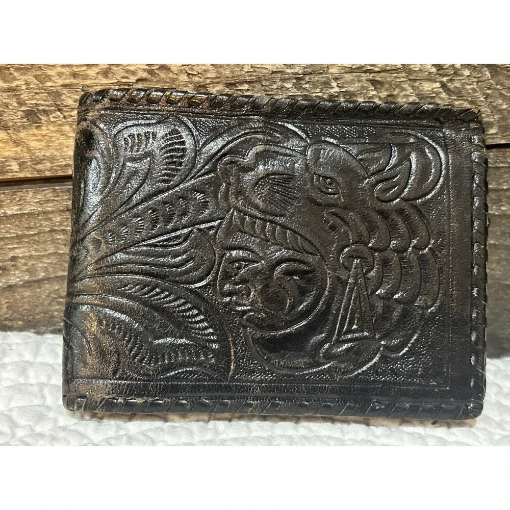 VTG Tooled Leather Wallet Mens Black Bifold Floral Embossed Western Braided Edge
